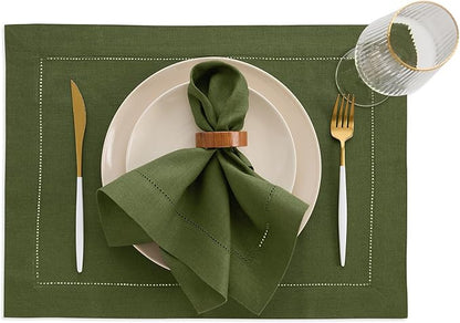 Solino Home Linen Cloth Napkins Set of 4-100% Pure Linen Olive Dinner Napkins 20 x 20 Inch - Classic Hemstitch, Handcrafted and Machine Washable