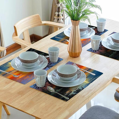 Beach Placemats Set of 4 - Palm Tree Place Mat 12x18 Inch Summer Sunset Placemats Sea Ocean Table Mat for Party Kitchen Dining Home Holiday Party Decor