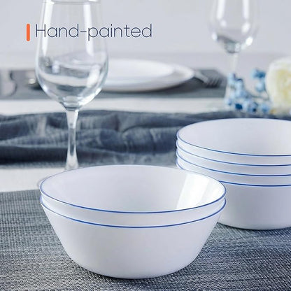 16OZ Opal Glass Cereal and Soup Bowl Set of 4, 6 inch Dishwasher & Microwave Safe Round Bowls for Salad and Rice, Hand Painted Navy Blue Rim