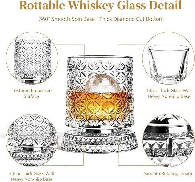 360° Rotating Whiskey Glasses Set of 2, Vintage Crystal Tumblers - Image 3