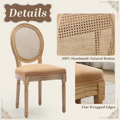 SoarFlash French Dining Chairs Set of 4, Vantage Dining Chair with Round Back, Wood Leg Farmhouse Country Rattan Dining Chair for Kitchen,Bedroom,Brown