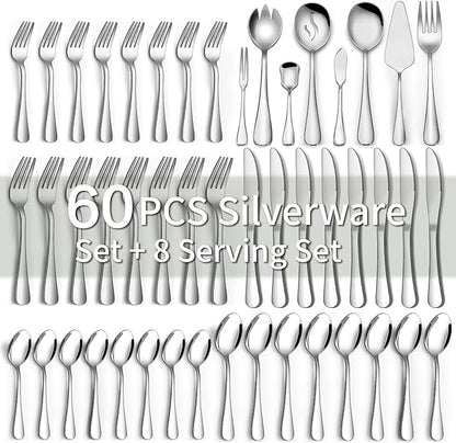 68 Pieces Silverware Set with Serving Utensils Set, CEKEE Stainless Steel Flatware Set for 12, Heavy Duty Cutlery Set, Kitchen Utensil Sets for Home Restaurant, Mirror Finish, Dishwasher Safe