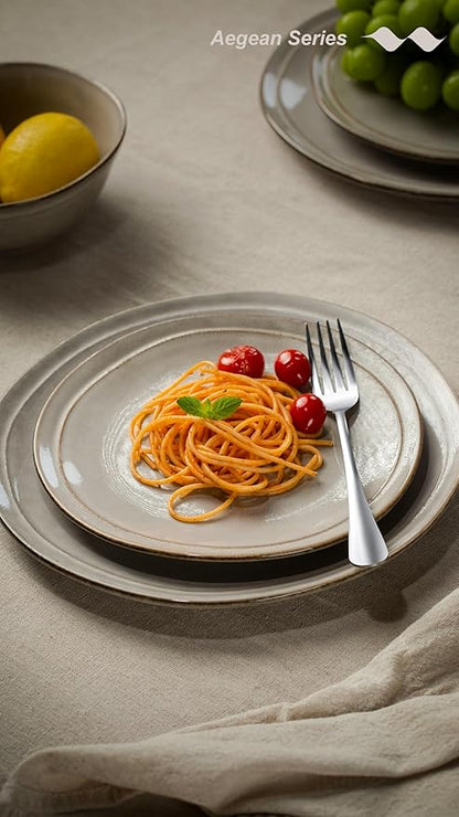 Famiware Aegean Dinnerware Set for 4, Plates and Bowls Sets, 12-Piece Stoneware Scratch Resistant Dinner Set, Handmade Irregular Round Dishes, Microwave and Dishwasher Safe, Sand Beige