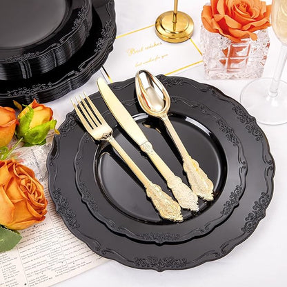 DaYammi 150Pcs Black Plastic Plates & Gold Plastic Silverware,Black Disposable Plates Set Include 30 Dinner Plate, 30 Dessert Plate,30 Golden Knives,30 Gold Forks,30 Golden Spoons for Party Wedding