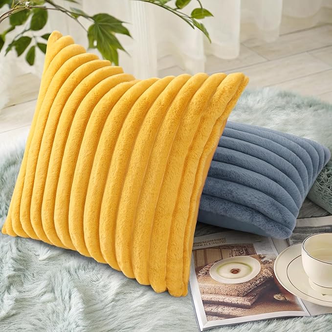 decorUhome Cozy Faux Fur Throw Pillow Covers 22x22 Set of 2 Decorative Soft Plush Striped Modern Farmhouse Boho Couch Euro Sham Pillow Cases with Velvet Back for Sofa Bed Living Room, Mustard Yellow