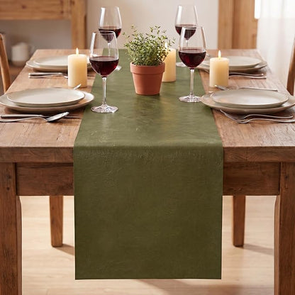 Artoid Mode Olive Green Double Sided Vinyl Faux Leather Table Runner, Seasonal - Image 2