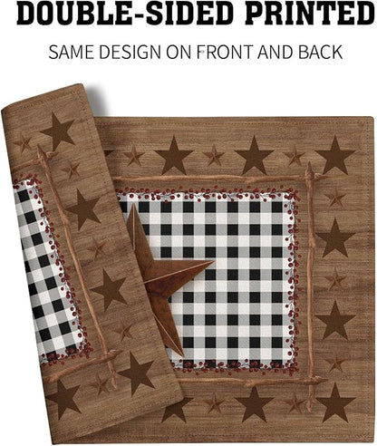 Western Texas Star Placemats for Dining Table Set of 4，Buffalo Plaid Country Wooden Plank Table Mats 18 x12 Inch Non-Slip Dining Table Place Mats for Party Kitchen Indoor Decor