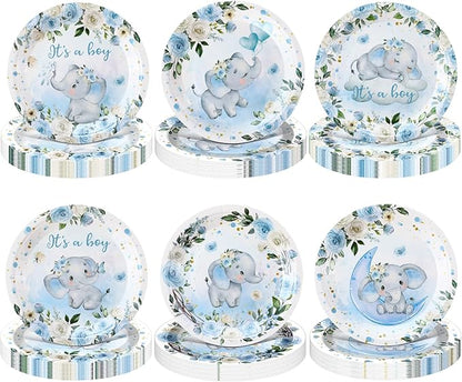 60 Pcs 7 Inch Elephant Baby Shower Paper Plates It's a Boy Shower Decorations Tableware Baby Gender Reveal Plates It's a Boy Party Supplies for Blue Floral Elephant Party