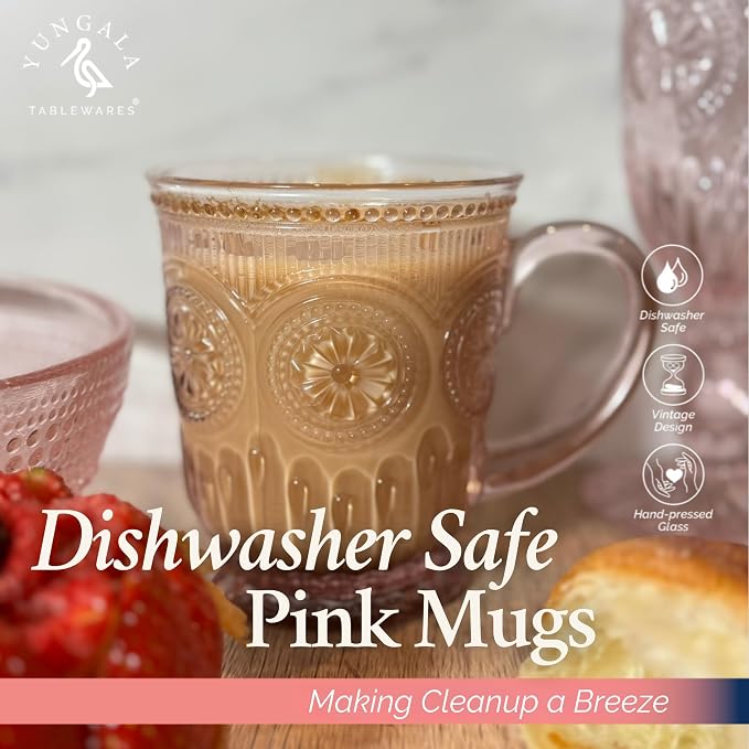 Pink Glass Coffee Mugs Set of 4 – 10oz Aesthetic Pink Glass Mug Set, Real - Image 2