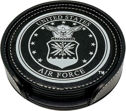 Air Force Leather Coaster Set - 4 Premium Coasters with Hot Stamped Foil USAF Logo - Air Force Gifts | USAF Leather Coasters