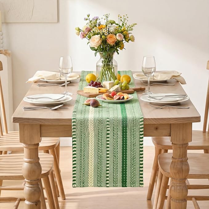 Artoid Mode Emerald Farmhouse Stripe Braided Table Runner 12x72 Inch | Holiday - Image 2