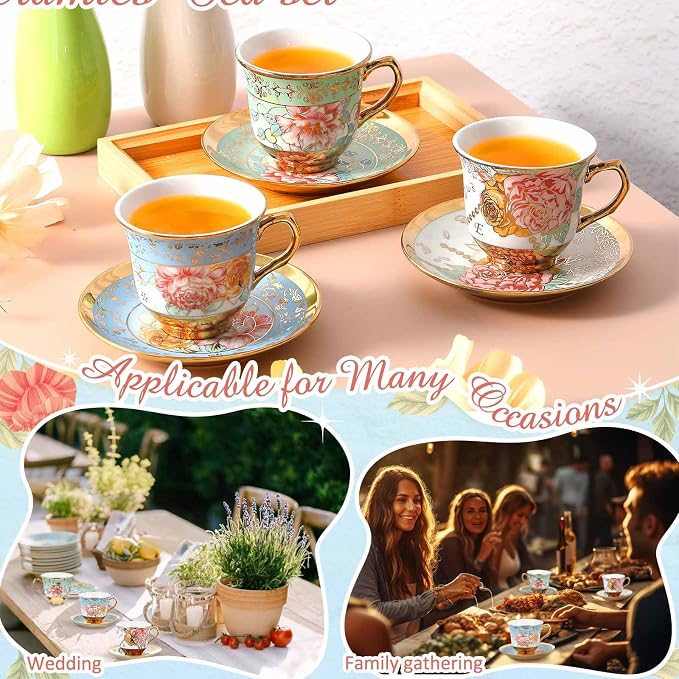 Teenyyou Set of 18 Tea Cups and Saucers Tea Party Decorations Floral Porcelain - Image 3