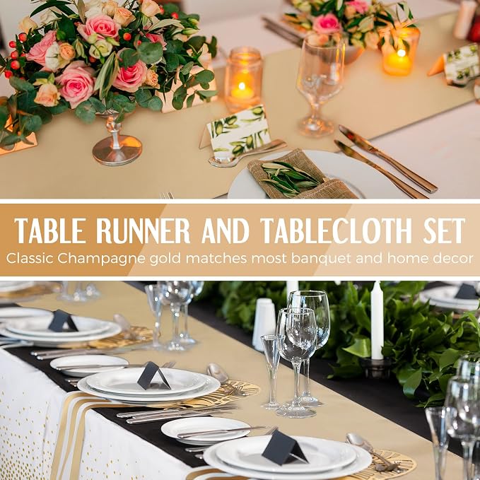 24 Packs White and Gold Disposable Plastic Tablecloths and Satin Table Runner - Image 5