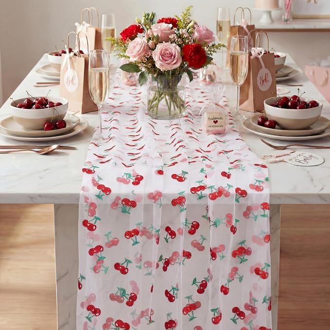 4 Pcs Cherry Table Runners 29 x 70 Inch Glitter Cherry Tulle Lace Table Runner - Image 4