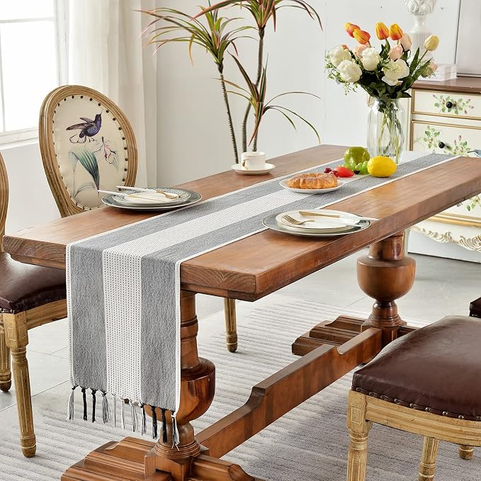 Wracra Linen Table Runner, Stripe Table Runners 36 Inches Long Black | Delicate - Image 7