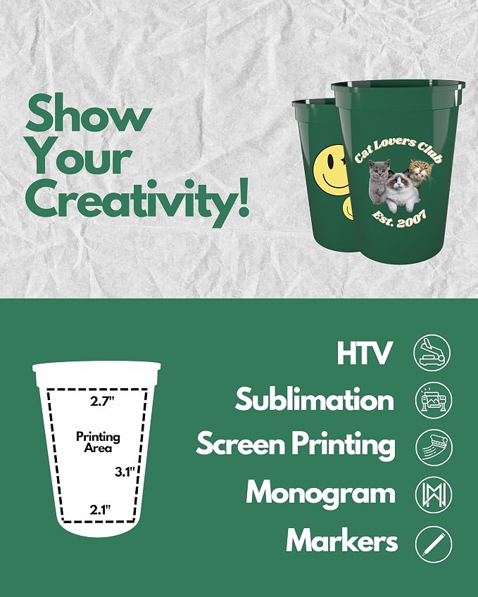 PartyPrints 100 Pack Small 10 to 12 oz Kelly Green Reusable Blank Plastic Cups - Image 3