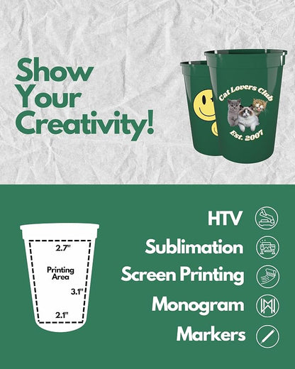 PartyPrints 100 Pack Small 10 to 12 oz Kelly Green Reusable Blank Plastic Cups - Image 3