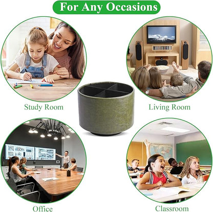 Hennaja Round Leather Art Supply Organizer,Remote Control Holder,360 Degree Spinning,Multi-Functional Pencil Holder,4 Compartments Desktop Stationary Organizer(1-Oil Green)