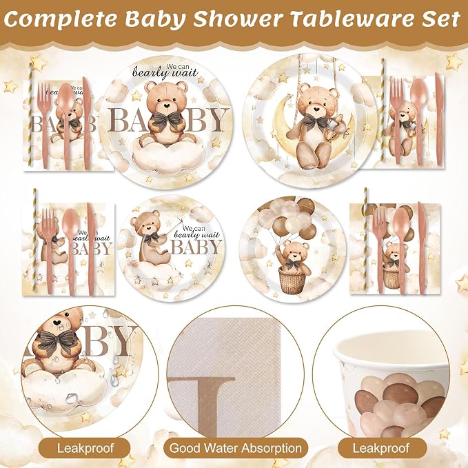 450 Pcs Brown Bear Baby Shower Tableware Set Decoration, Serves 50 | We Can - Image 3