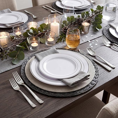 120PCS Plastic Plates White Silver Rim - Image 5