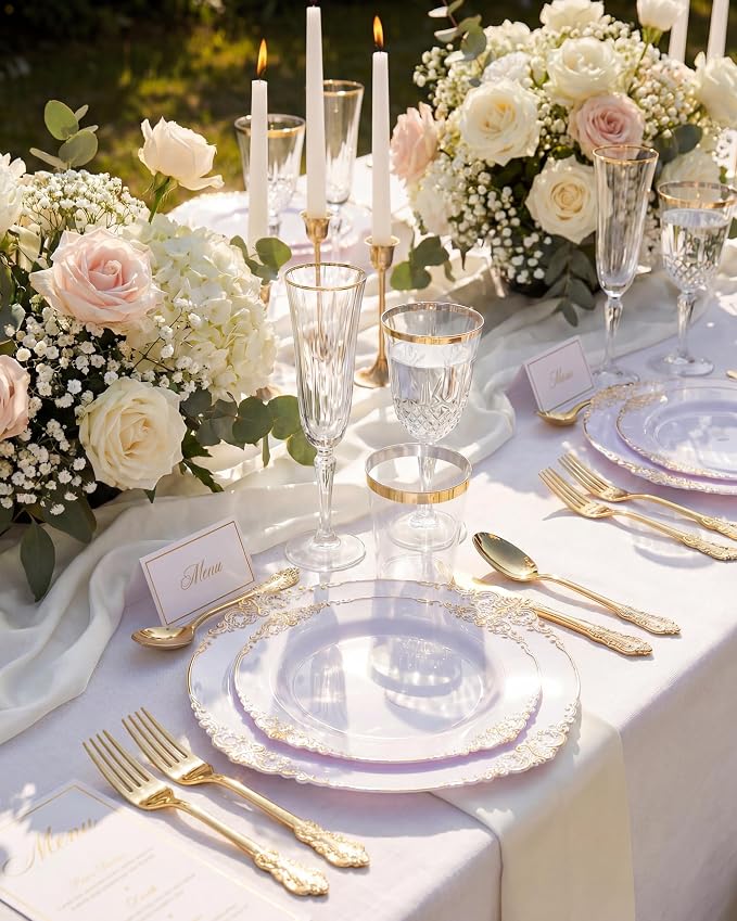 Nervure 350Pcs Gold Plastic Plates, Disposable Dinnerware Set - Image 2