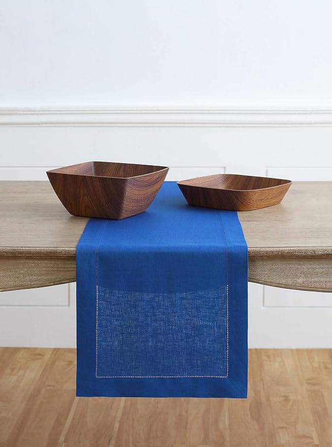 Solino Home 100% Pure Linen Table Runner Royal Blue Hemstitch, 14 x 156 in | by SolinoHome