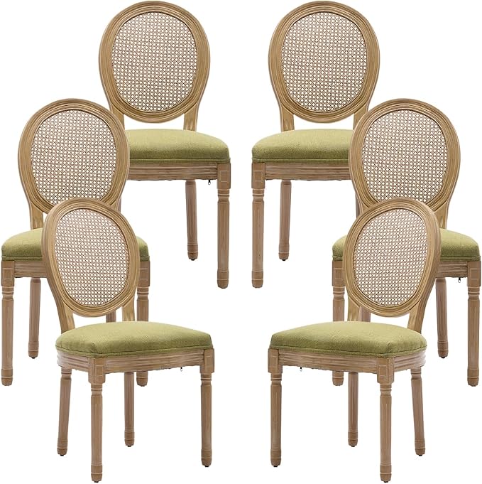 Vintage French Rattan Dining Chairs Set of 6, Round Back Accent Chairs with Rattan Backrest and Upholstered Linen Seat, Solid Frame Wood Sillas de Comedor for Dining Room & Kitchen, Olive Green