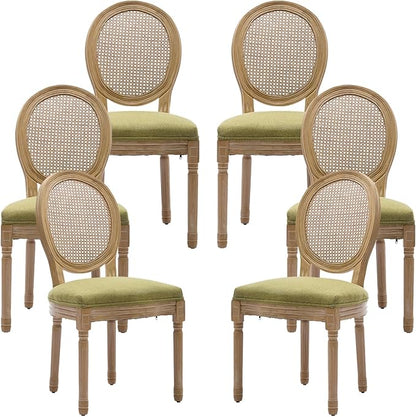 Vintage French Rattan Dining Chairs Set of 6, Round Back Accent Chairs with Rattan Backrest and Upholstered Linen Seat, Solid Frame Wood Sillas de Comedor for Dining Room & Kitchen, Olive Green