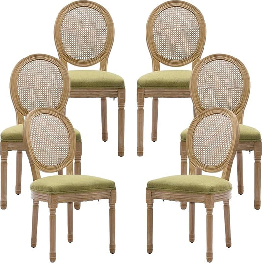 Vintage French Rattan Dining Chairs Set of 6, Round Back Accent Chairs with Rattan Backrest and Upholstered Linen Seat, Solid Frame Wood Sillas de Comedor for Dining Room & Kitchen, Olive Green