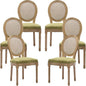 Vintage French Rattan Dining Chairs Set of 6, Round Back Accent Chairs with Rattan Backrest and Upholstered Linen Seat, Solid Frame Wood Sillas de Comedor for Dining Room & Kitchen, Olive Green