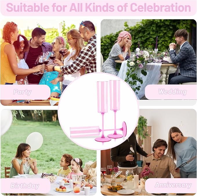 YOUBET 24Pack Pink Plastic Champagne Flutes 6 oz | Clear Pink Champagne - Image 4