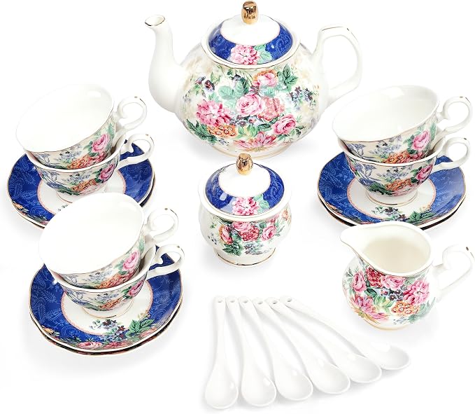 fanquare 21-Piece Blue Lace Porcelain Tea Set, China Coffee Cup and Saucer Set by fanquare