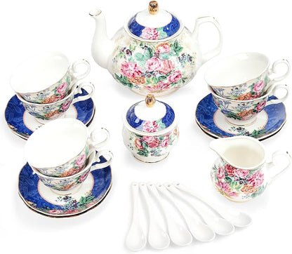 fanquare 21-Piece Blue Lace Porcelain Tea Set, China Coffee Cup and Saucer Set by fanquare