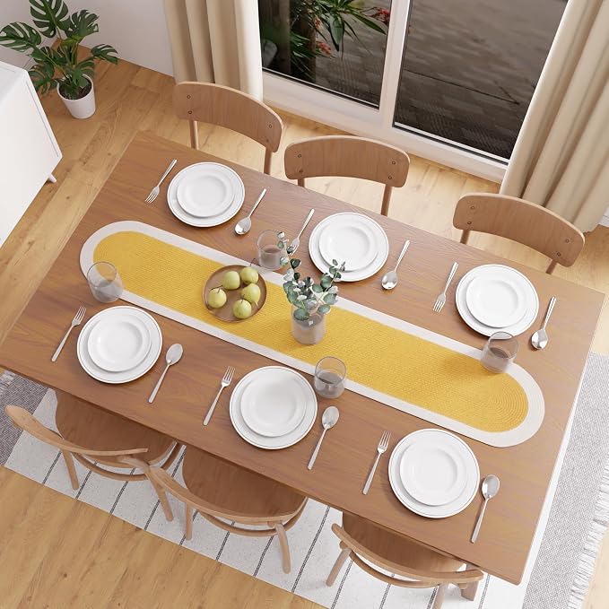 Encasa XO Dining Table Runner, Handmade Ribbed Cotton 12"x54" Yellow & Off White - Image 4