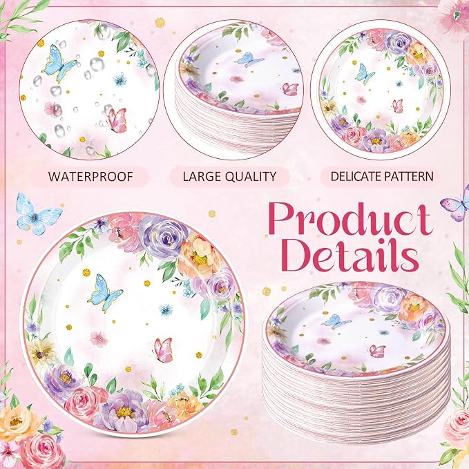 Gerrii 60 Pcs Butterfly Floral Party Plates 7 Inch Spring Butterfly Disposable - Image 3