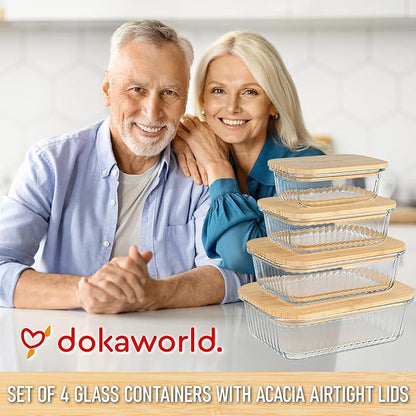 Ribbed Glass Tupperware Set with Bamboo Lids - 4 Stackable Meal Prep Containers. Durable heat resistant Inert Borosilicate Glass