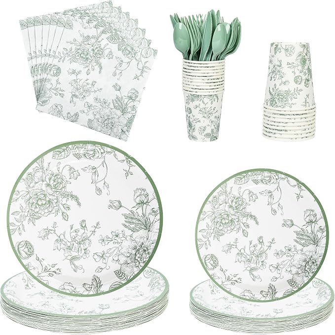 175Pcs Sage Green Floral Paper Plates and Napkins 25 Guests Green Toile by FromTablestoTales