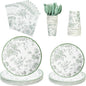 175Pcs Sage Green Floral Paper Plates and Napkins 25 Guests Green Toile by FromTablestoTales