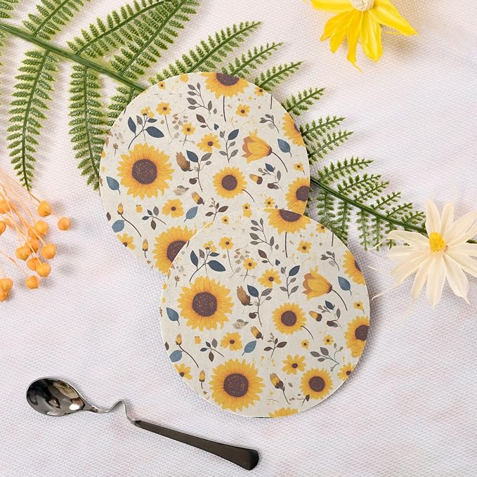 Sunflower Cow Leather Skin Brown Pattern Round Coasters - Image 3