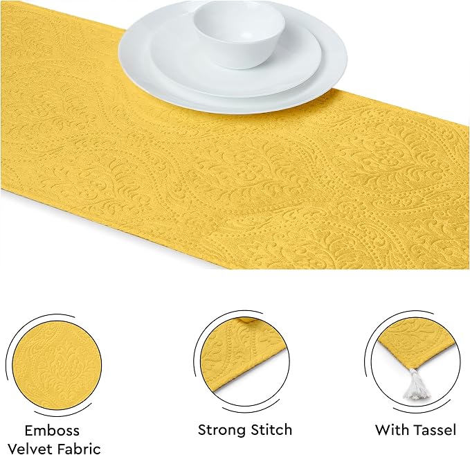 Encasa XO Table Runner, Embossed Velvet, Elegant 13"x72" | Lemon Yellow - Image 3