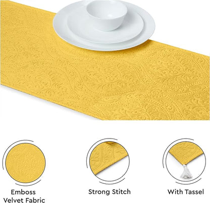 Encasa XO Table Runner, Embossed Velvet, Elegant 13"x72" | Lemon Yellow - Image 3
