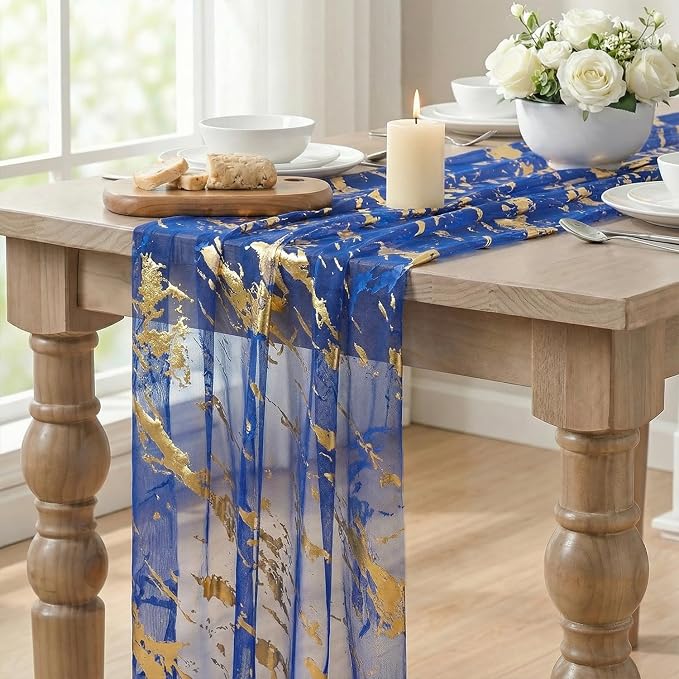 Artoid Mode Marble Pattern Dark Blue Gauze Table Runner 10FT, Glitter Metallic - Image 5