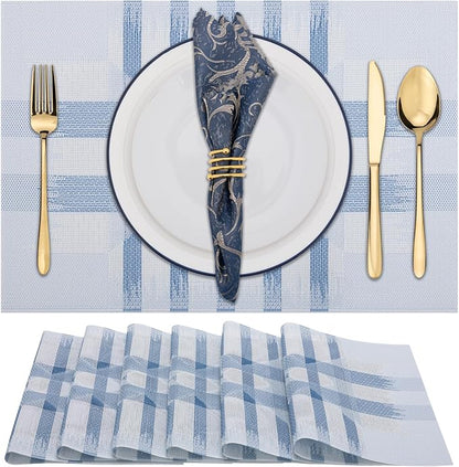 Winknowl Placemats Set of 6, Heat Resistant Stain Resistant Woven Vinyl Insulation Place mats, Durable Washable Elegant Table Mats for Kitchen Dining Table Decor (Geometric Blue)