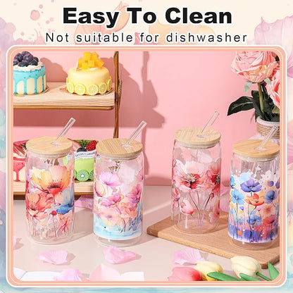 Mumufy 4 Pack Wildflower Glass Cups Gift Aesthetic Cute Glass Cup Tumbler - Image 5