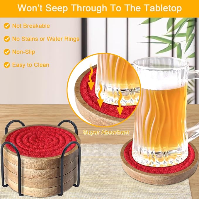 Wood Coasters for Drinks, Eykao Absorbent Coaster Sets of 5, Woven Drink - Image 2