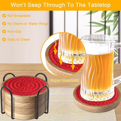 Wood Coasters for Drinks, Eykao Absorbent Coaster Sets of 5, Woven Drink - Image 2