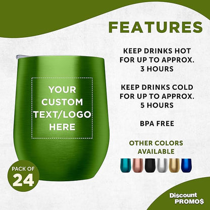 Custom Stemless Wine Glass Tumblers with Lids by Largo 11 oz. Set of 24, Personalized Bulk Pack - Perfect for Wine, Cocktails, Other Hot & Cold Beverages - Lime Green