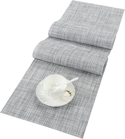 SHACOS Woven Vinyl Table Runners 12 x 54 inch Wipe Clean PVC Weave Table Runners Heat Resistant Runner for Table Indoor Outdoor, Gray White