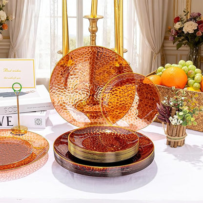 Rubtlamp 60Pcs Amber Plastic Plates - Brown Disposable Plates With Gold Rim, Clear Heavy-duty Party Plates, Hammered Plates Include 30 Dessert Platos, 30 Dinner Platos for Party