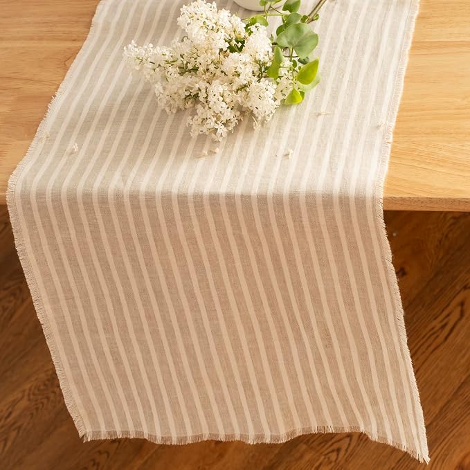 Stripe Linen Table Runner with Fringe- 14x108 Inch, 100% Pure Linen Natural and - Image 3